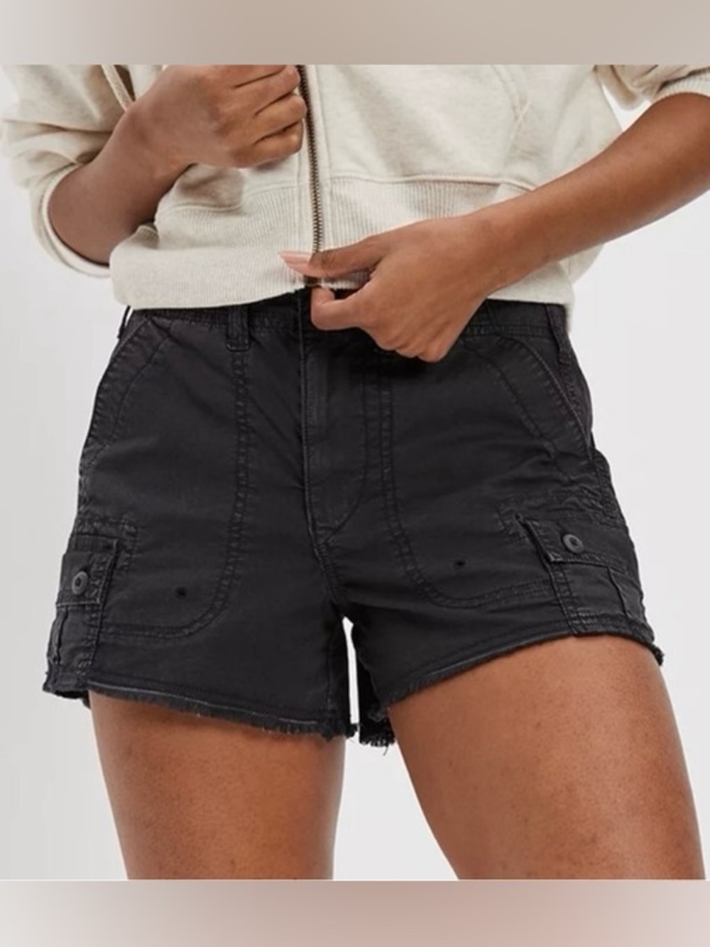 American Eagle Size 18 Black Cargo Cutoff Shorts Stretch Raw Hem Utility